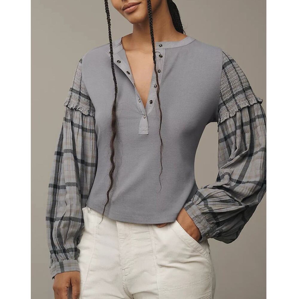 Pilcro Anthropologie The Andie Ribbed Henley Top Balloon-Sleeve XS NWD 276729